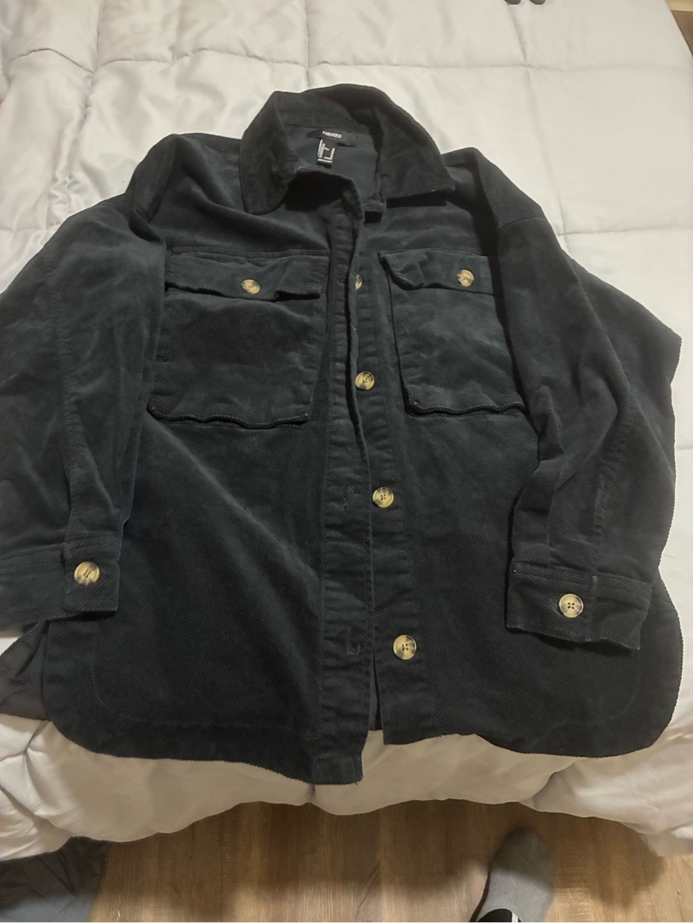 Relaxed Black Corduroy Utility Jacket with Button Pockets